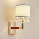 White Drum Shade Wall Light with Crystal 1 Light Modern Style Fabric Sconce Light for Bedroom Corridor