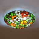 Rustic Tiffany Floral Ceiling Fixture Stained Glass Flush Ceiling Light for Balcony Corridor