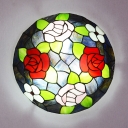 Domed Living Room Ceiling Lamp with Rose Stained Glass Rustic Tiffany Flush Mount Light
