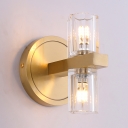 Gold Drum Wall Light Two Bulb Modern Style Metal Clear Crystal Sconce Light for Hallway Mirror