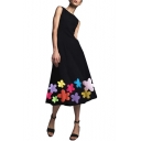 Womens Designer Boutique Chic Floral Embroidery Round Neck Sleeveless Maxi Swing Tank Dress