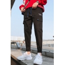 Trendy Letter Printed Flap Pocket Drawstring Waist Cotton Casual Cargo Pants for Men