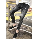 Men's Stylish Washed-Denim Black Patched Ripped Jeans