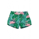 Womens Trendy Tropical Flamingo Printed Drawstring Waist Quick Dry Green Beach Shorts