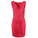 Womens Trendy Plain Red Cowl V-Neck Sleeveless Braided Tied Waist Mini Bodycon Dress