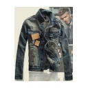 Guys Cool Washed Blue Vintage Bleached Long Sleeve Fitted Denim Jacket