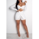 Womens Hot Stylish Plunge V Neck Cutout Knotted Off Shoulder Long Sleeve White Slim Bodycon Romper