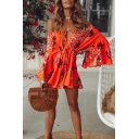 Womens Summer Holiday Orange Floral Print Off Shoulder Flared Sleeve Mini A-Line Dress