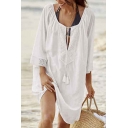 Summer Womens Fashion Simple Plain Long Sleeve Beach Bikini Cover Up Dress