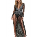 Womens Night Club Sexy Deep V-Neck Long Sleeve Split Front Maxi Glitter Mesh Dress