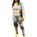 Unique Colorful Plaid Print Crewneck Long Sleeve Yellow Fitted Sweatshirt