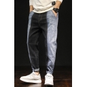 Men's New Fashion Colorblock Patched Black and Blue Casual Loose Tapered Jeans
