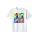 Funny Colorful Portrait Printed Round Neck Short Sleeve White T-Shirt