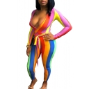 Womens Popular Plunge V Neck Long Sleeve Tie Waist Multicolor Printed Skinny Fitted Jumpsuits