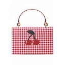Fashion Plaid Cherry Printed Metal Handle Square Crossbody Handbag 20*14*7 CM