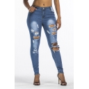 New Fashion Ripped Hole Distressed Blue Skinny Fit Jeans for Women