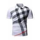 Mens Summer New Trendy Check Plaid Printed Slim Short Sleeve Polo Shirt