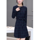 Womens Classic Check Pattern Round Neck Long Sleeve Bow-Tied Waist Mini A-Line Dress