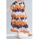 Summer Fashion Tribal Geometric Printed Round Neck Short Sleeve Plus Size Maxi Oversized Dress