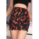 Womens Sexy Black Fire Pattern Curved Hem Mini Bodycon Mesh Skirt