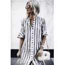 Womens Summer Fashion Vertical Wide Stripe Printed Flared Short Sleeve Loose Fit Tunic Shirt Blouse