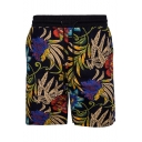Men's Summer Fashion Floral Pattern Black Drawstring Beach Short Swim Trunk with Patched Pocket