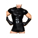 Guys Sexy Short Sleeve Black Leather Latex Bodysuit Gay Male Mesh Patch Elastic Catsuit Front Zipper Open Crotch Underwear Sexy Clubwear