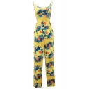 Hot Stylish Yellow Spaghetti Straps Sleeveless Floral Printed Tie-Back Holiday Jumpsuit for Girls