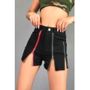 Summer Cool Girls Multi-Zipper Front Split Black Slim Fit Shorts