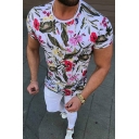 Summer Mens Fancy White Floral Printed Round Neck Short Sleeve Fit Tee