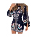 Womens Hot Fashion Folk Style Floral Butterfly Print Bishop Sleeve Mini Fitted Dress