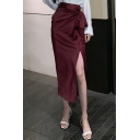 Summer Hot Fashion Plain High Waist Self-Tie Split Side Chic Midi Skirt