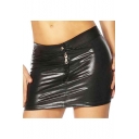 Hot Stylish Womens Black Sexy Shaped Zip Front Mini Pu Skirt