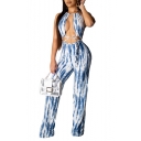 Womens Hot Stylish Halter Neck Sleeveless Backless Cutout Tie Dye Skinny Fitted Jumpsuits