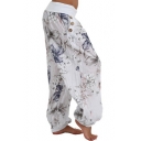 Womens Hot Stylish Elastic Waist Floral Printed Button Side Loose Wide Leg Pants