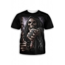 Cool Chain Skull 3D Printed Round Neck Short Sleeve Black T-Shirt