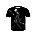 Summer New Stylish Black Astronaut Printed Round Neck Short Sleeve T-Shirt