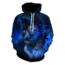New Stylish Cool Blue Galaxy Wolf Printed Long Sleeve Sport Loose Hoodie