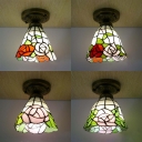 Rustic Style Rose Ceiling Light Single Bulb Stained Glass Flush Mount Light in White for Hotel