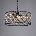 Round Cage Villa Pendant Light Iron 4 Heads Rustic Style Chandelier in Black with Striking Crystal Ball