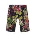 Summer Hawaii Tropical Printed Drawstring Waist Men's Beach Shorts Swim Trunks