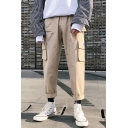 Men's Trendy Logo Patched Flap Pocket Side Rolled Cuffs Straight Loose Casual Cargo Pants