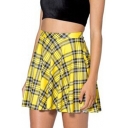 Hot Popular Summer Yellow Check Printed High Rise Mini A-Line Skater Skirt