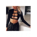 Girls Cool Street Style Sexy Eyelet Cut Out Long Sleeve Plain Black Slim Cropped T-Shirt