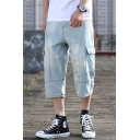 Summer New Stylish Simple Plain Flap Pocket Side Loose Fit Light Blue Cropped Ripped Jeans for Men