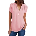 Summer Stylish Zipper V-Neck Short Sleeve Plain Chiffon T-Shirt
