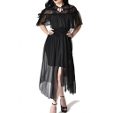 Womens Designer Fashion Black Sexy Black Mesh Maxi A-Line Asymmetrical Tulle Dress