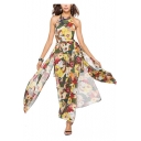 Hot Fashion Summer Holiday Chic Floral Printed Halter Neck Sleeveless Open Back Maxi Swing Beach Dress