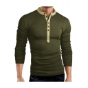 Mens Trendy Simple Plain Button V-Neck Long Sleeve Slim Fit Henley Shirt
