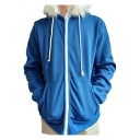 Mens Popular Blue Long Sleeve Zip Up Fur-Trimmed Comic Hoodie